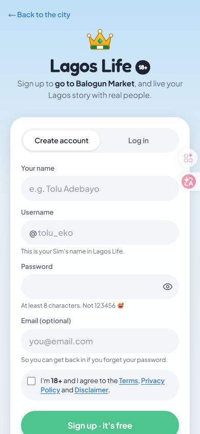 Lagos Life mobile registration form showing an optional email field and the 18 plus agreement