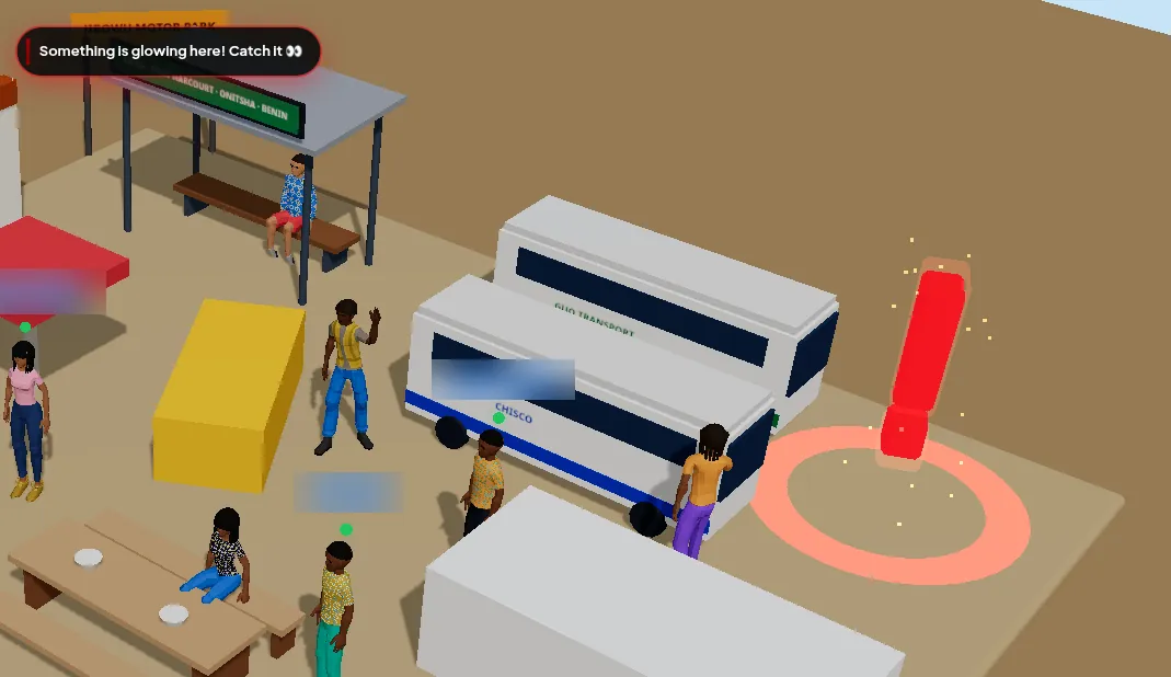 The glowing ! letter at Jibowu Motor Park in Lagos Life, with the message Something is glowing here! Catch it