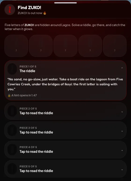 An open ZUKO riddle for Piece 1 of 5 with the countdown A hint opens in 1:47