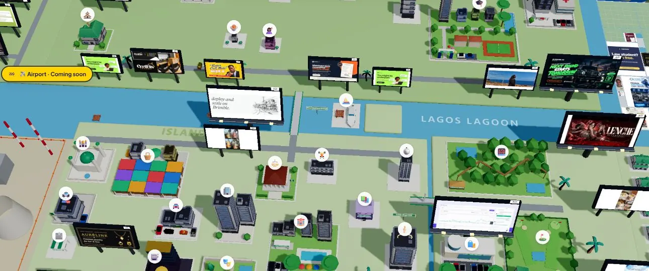 The Lagos Life public 3D city map: low-poly buildings, green parks, blue lagoon, and location markers
